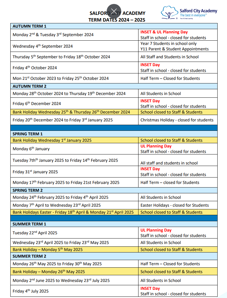 Salford City Academy > Information > Term Dates